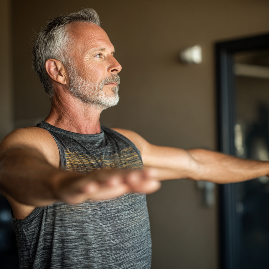 mature man practicing controlled movement exercises